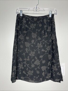 Vintage Y2K Ann Taylor Floral Midi Skirt Size 2 Black/Tan Indie Office Workwear